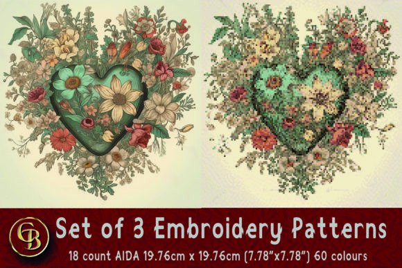 Charming 3 Floral Heart Embroidery Patterns